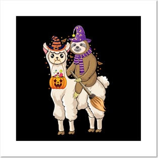 cute Lazy Sloth riding llama Witch Hat Halloween Animal lovers Halloween sloth Posters and Art